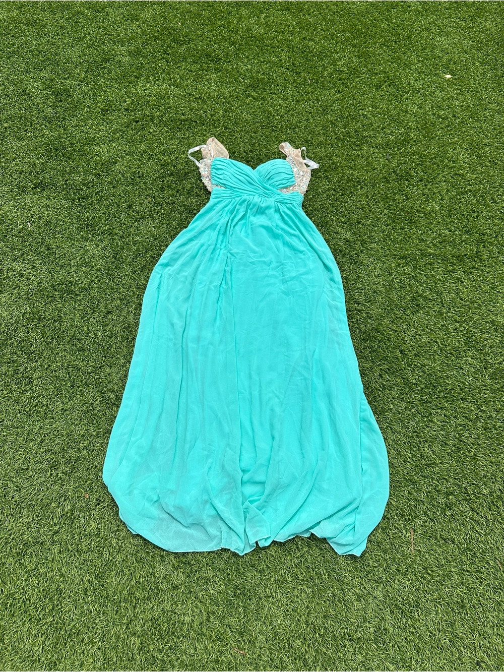 Roberta Aqua Formal Evening Dress Size 7 with Rhinestone Beaded Detail